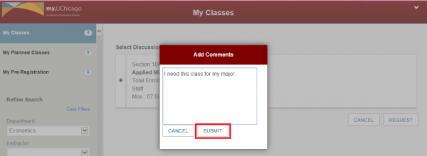 A comment box will appear. You may enter a note for the instructor to review, or leave it blank and click Submit
