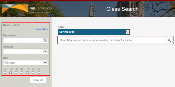 Enter a search value in the Quick Search Box and click the magnifying glass to conduct a search. You may also use the filters on the left side of the page to narrow the search results by: Department, Instructor, Course Career, Course Attribute, or Days. 