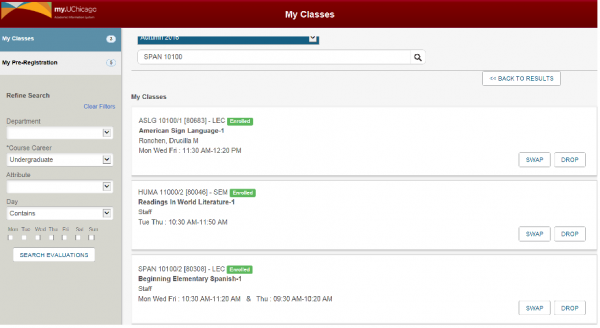 Example of My Classes page showing the updated class schedule.