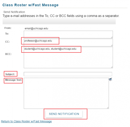 Example of email message template with a Send Notification button on the bottom of the screen.