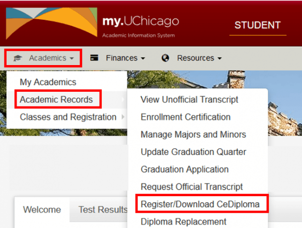 Screenshot of my.UChicago portal for students with red boxes highlighting Registrar/Download CeDiploma link from the dropdown menu