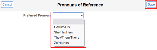 Drop Down menu options for Pronouns