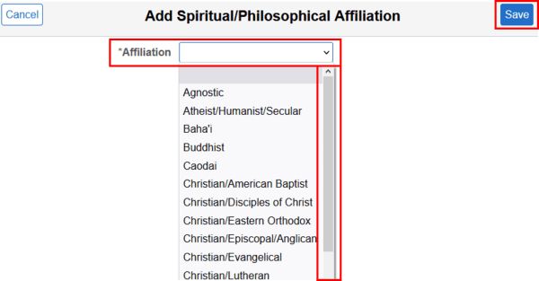 Spiritual and Philosophical Affiliations Drop Down Menu